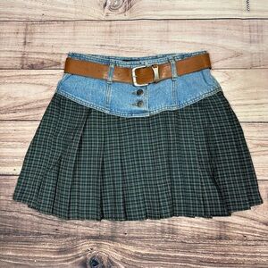 American Vintage Green Plaid Mini Skirt with Denim Waist